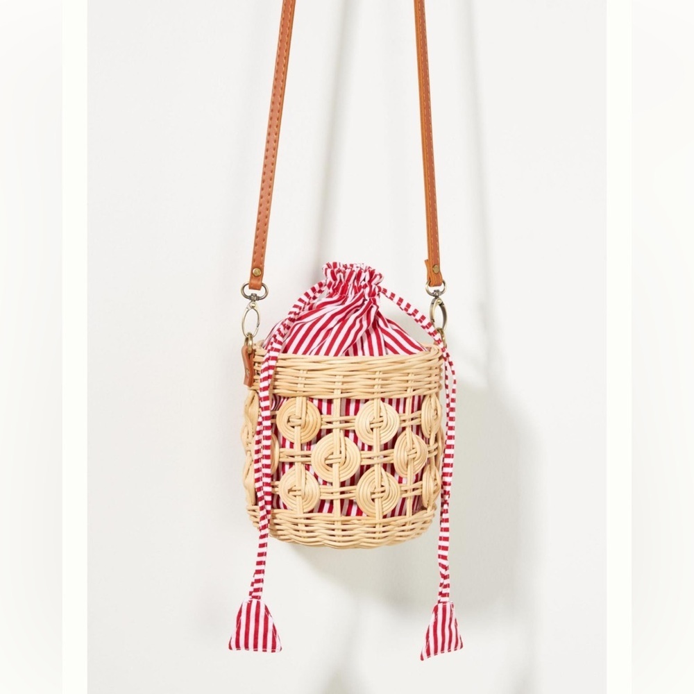 Anthropologie Raffia Bucket Bag Red White Straw Basket Purse NWOT